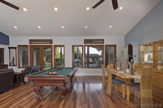 recreation room with ceiling fan, french doors, billiards, and dark hardwood / wood-style flooring