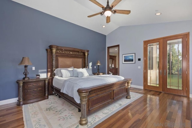 bedroom featuring french doors, dark hardwood / wood-style floors, access to outside, vaulted ceiling, and ceiling fan