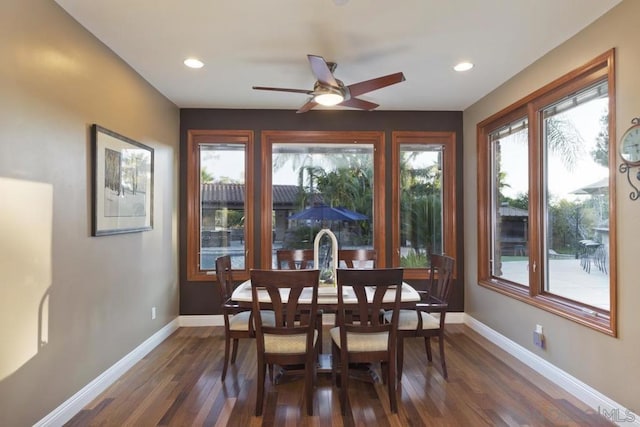 dining space featuring ceiling fan, plenty of natural light, and dark wood-type flooring