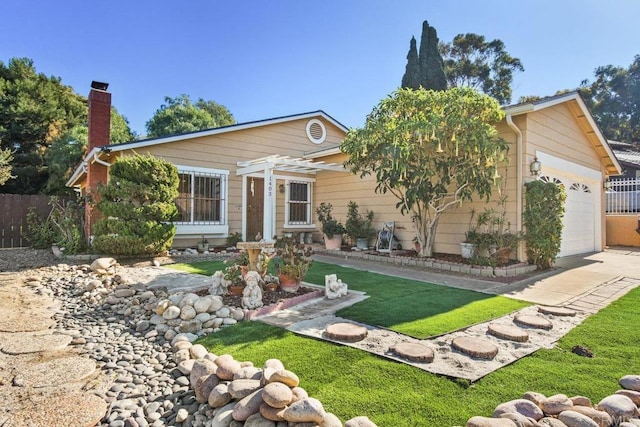 1403 Goff Ct, San Diego, CA 92114 - ranch-style house featuring a pergola, a garage, concrete driveway, and a chimney