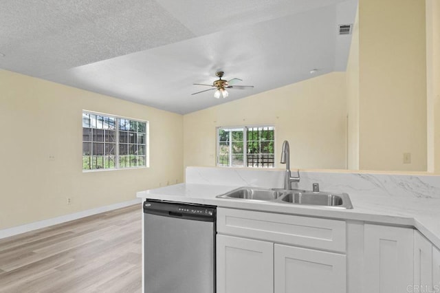 1403 Goff Ct, San Diego, CA 92114 - kitchen featuring dishwasher, a sink, ceiling fan, light wood finished floors, and white cabinets