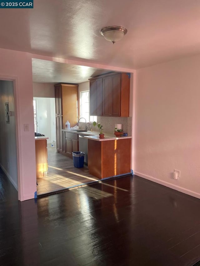 kitchen featuring dark hardwood / wood-style flooring, stainless steel dishwasher, kitchen peninsula, and sink