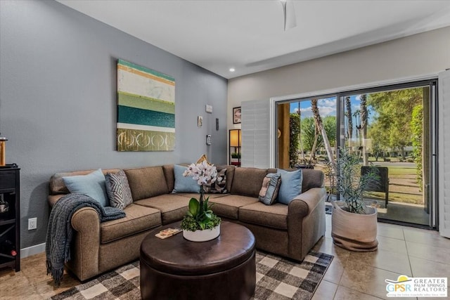 living room featuring light tile patterned floors