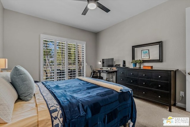 bedroom with ceiling fan and light colored carpet