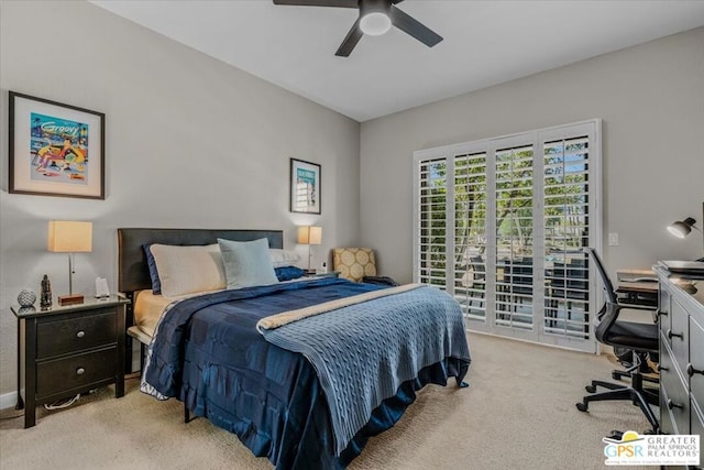 carpeted bedroom featuring ceiling fan and access to exterior