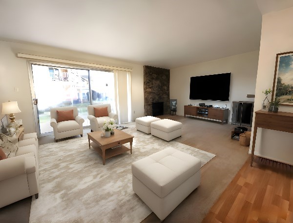 living area with a fireplace and light wood-style floors