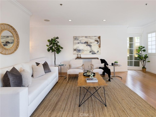 living room with crown molding and light hardwood / wood-style floors