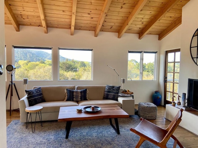 living room with hardwood / wood-style floors, lofted ceiling with beams, and wooden ceiling