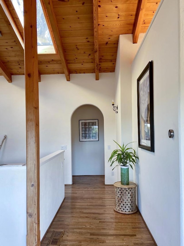 hallway with dark hardwood / wood-style flooring, wood ceiling, and beamed ceiling