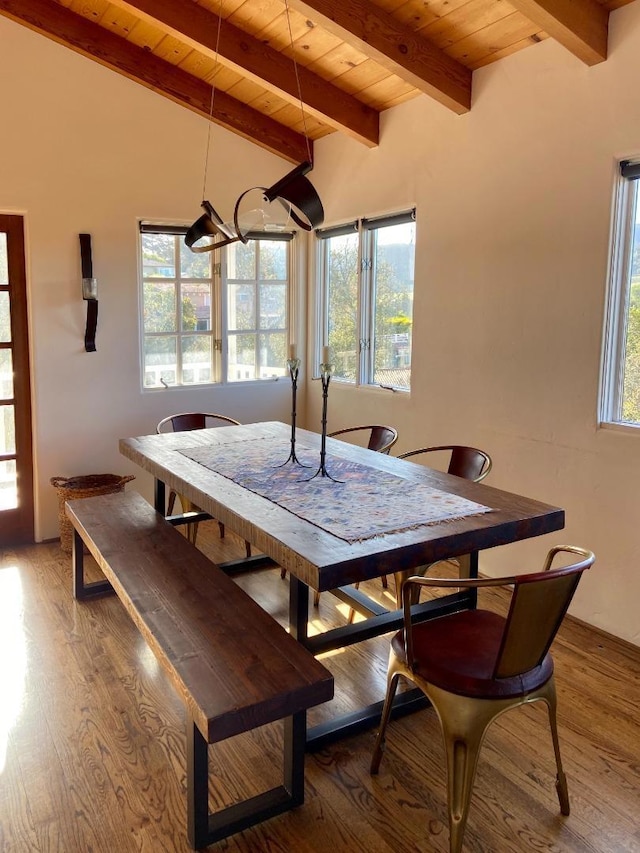 dining space with wooden ceiling, wood-type flooring, and vaulted ceiling with beams