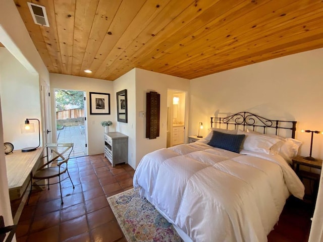 tiled bedroom with access to exterior and wood ceiling