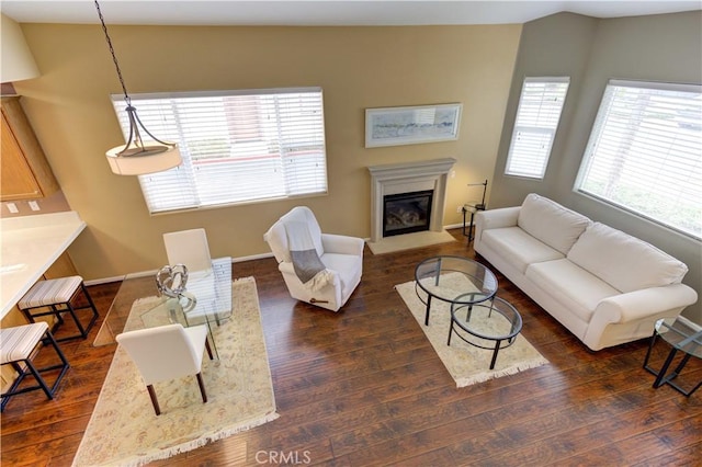 living room with lofted ceiling, dark hardwood / wood-style flooring, and a wealth of natural light