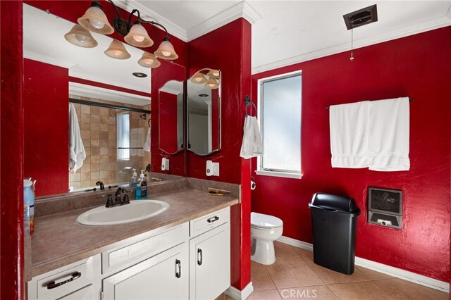 bathroom with tile patterned flooring, vanity, toilet, ornamental molding, and heating unit