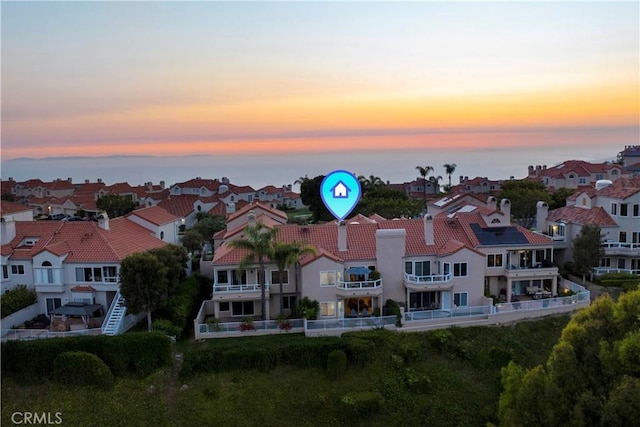 view of aerial view at dusk