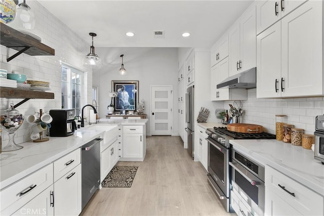 kitchen with under cabinet range hood, a sink, high quality appliances, white cabinets, and open shelves