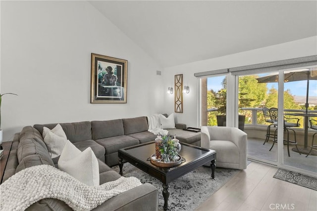 living area with light wood-style floors and high vaulted ceiling