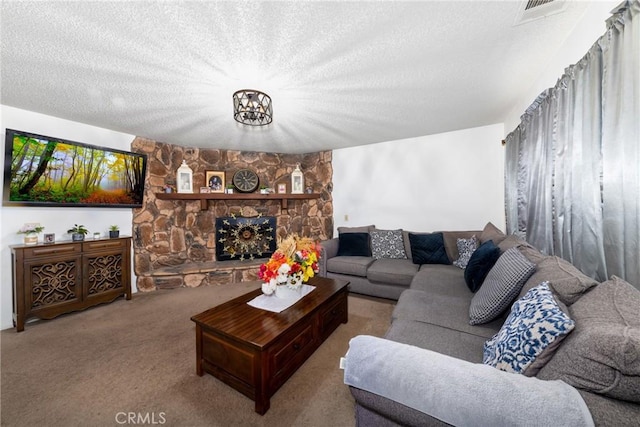 living room featuring a textured ceiling, light carpet, and a stone fireplace