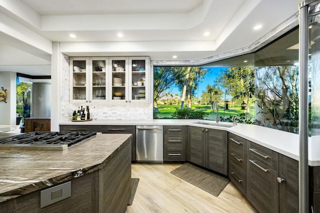 kitchen with appliances with stainless steel finishes, dark brown cabinets, tasteful backsplash, and sink