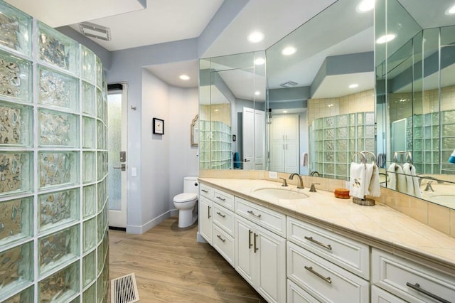 bathroom featuring toilet, vanity, wood-type flooring, and a shower