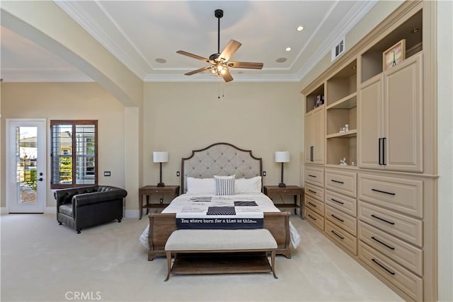 carpeted bedroom with ceiling fan, crown molding, and access to outside