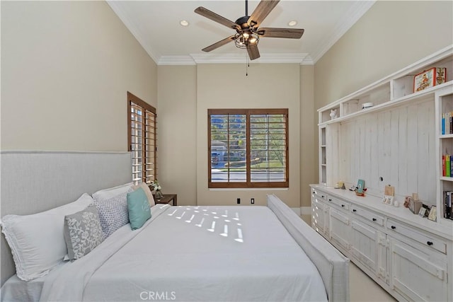 bedroom featuring ceiling fan and ornamental molding