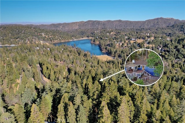 bird's eye view featuring a water and mountain view