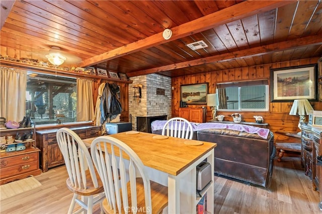 dining space featuring a brick fireplace, beamed ceiling, wooden walls, and light hardwood / wood-style flooring