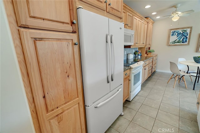 kitchen featuring light tile patterned floors, ceiling fan, backsplash, light brown cabinets, and white appliances