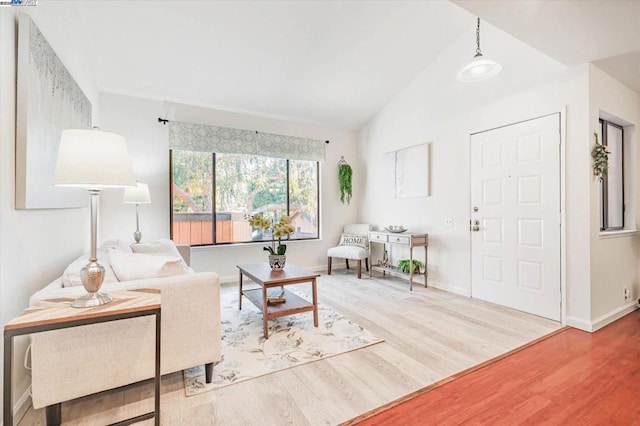 living room featuring vaulted ceiling and hardwood / wood-style flooring