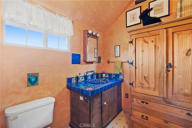 bathroom featuring toilet, lofted ceiling, and vanity