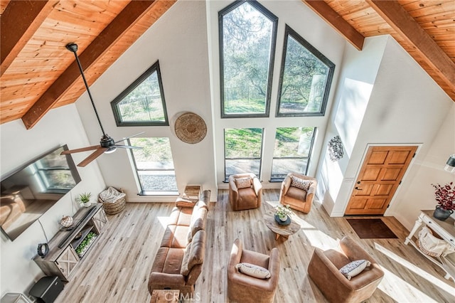 42893 Long Hollow Dr, Coarsegold, CA 93614 - living room featuring wood ceiling, a towering ceiling, hardwood / wood-style flooring, and beamed ceiling