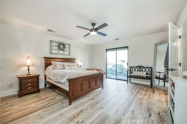 42893 Long Hollow Dr, Coarsegold, CA 93614 - bedroom featuring ceiling fan, light hardwood / wood-style flooring, and access to outside