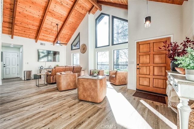 42893 Long Hollow Dr, Coarsegold, CA 93614 - living room with ceiling fan, beamed ceiling, light hardwood / wood-style flooring, wood ceiling, and high vaulted ceiling