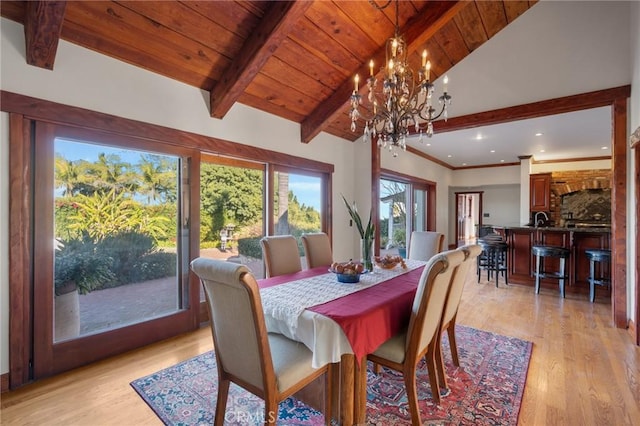 dining room featuring wood ceiling, light hardwood / wood-style flooring, vaulted ceiling with beams, and a notable chandelier