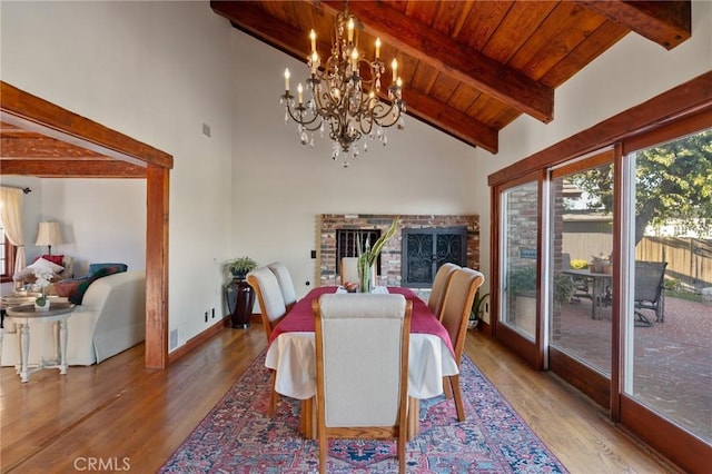 dining area featuring an inviting chandelier, wooden ceiling, wood-type flooring, high vaulted ceiling, and beam ceiling