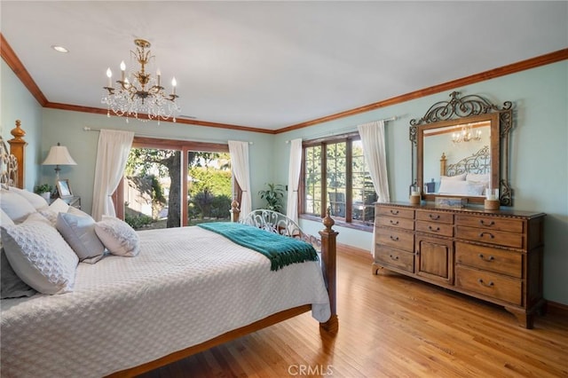 bedroom featuring ornamental molding, multiple windows, and light hardwood / wood-style flooring