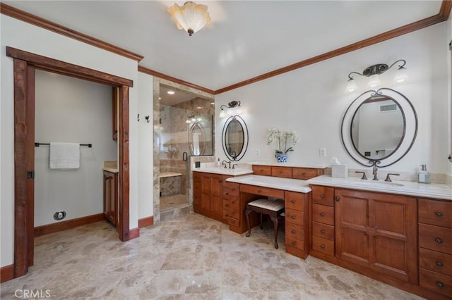 bathroom with a shower with door, crown molding, and vanity