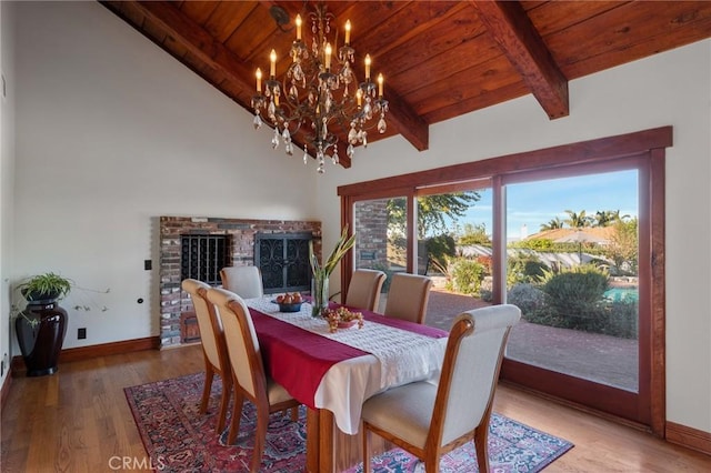 dining room with wooden ceiling, beam ceiling, hardwood / wood-style flooring, and a notable chandelier