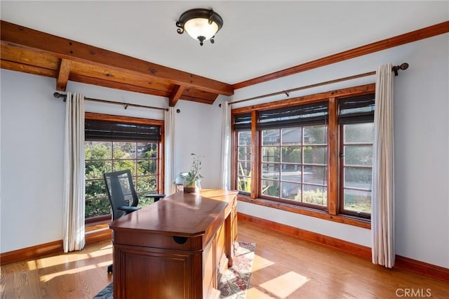 office featuring beam ceiling and light wood-type flooring