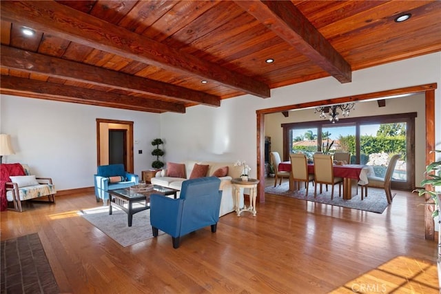 living room featuring wood ceiling, beamed ceiling, a notable chandelier, and light wood-type flooring