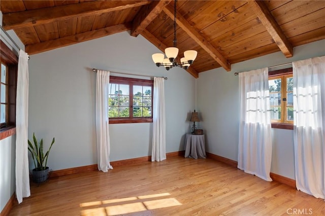 unfurnished room with wooden ceiling, plenty of natural light, a chandelier, and vaulted ceiling with beams