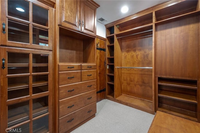 spacious closet featuring light colored carpet