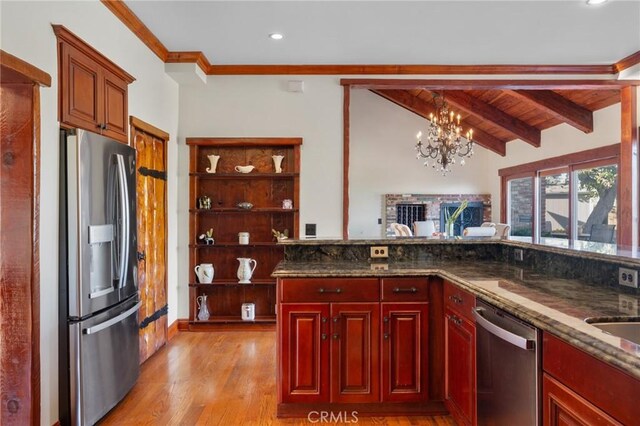 kitchen with stainless steel appliances, wood ceiling, a chandelier, and dark stone countertops