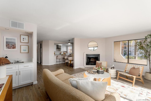 living room featuring ceiling fan, plenty of natural light, and wood-type flooring