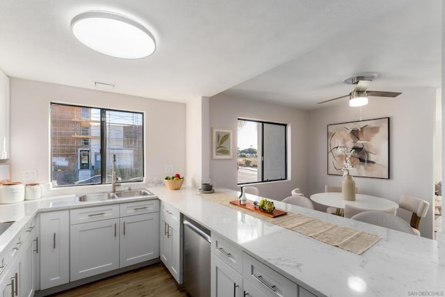 kitchen featuring light stone counters, sink, a wealth of natural light, and dishwasher