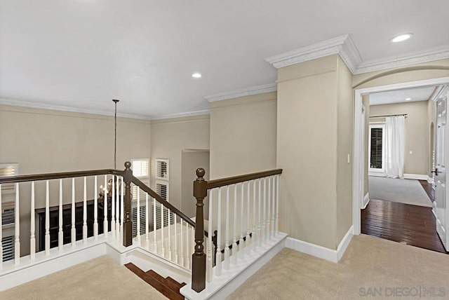 corridor featuring a healthy amount of sunlight, ornamental molding, and carpet flooring