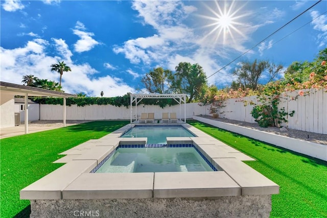 view of swimming pool featuring a pergola, a yard, and an in ground hot tub