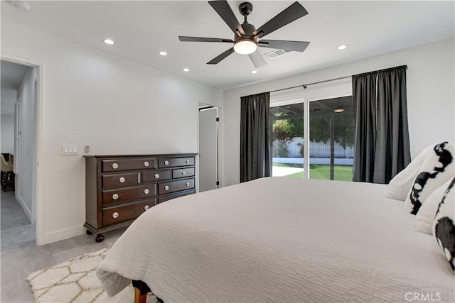 bedroom with ceiling fan, light hardwood / wood-style floors, and access to outside