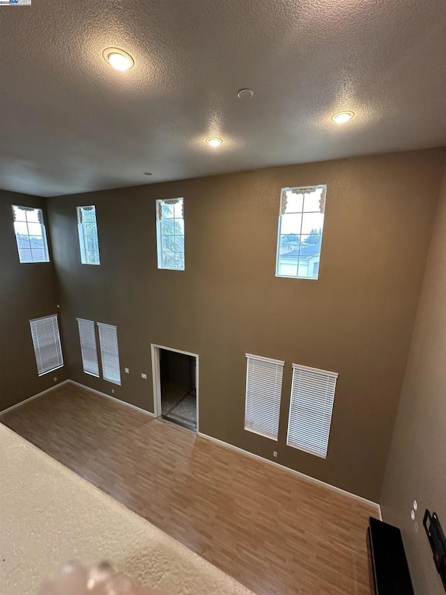 unfurnished living room featuring a healthy amount of sunlight, wood-type flooring, and a textured ceiling