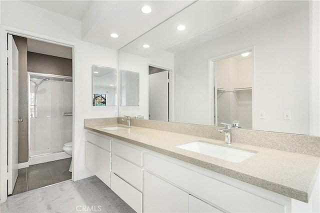 bathroom with vanity, toilet, and an enclosed shower